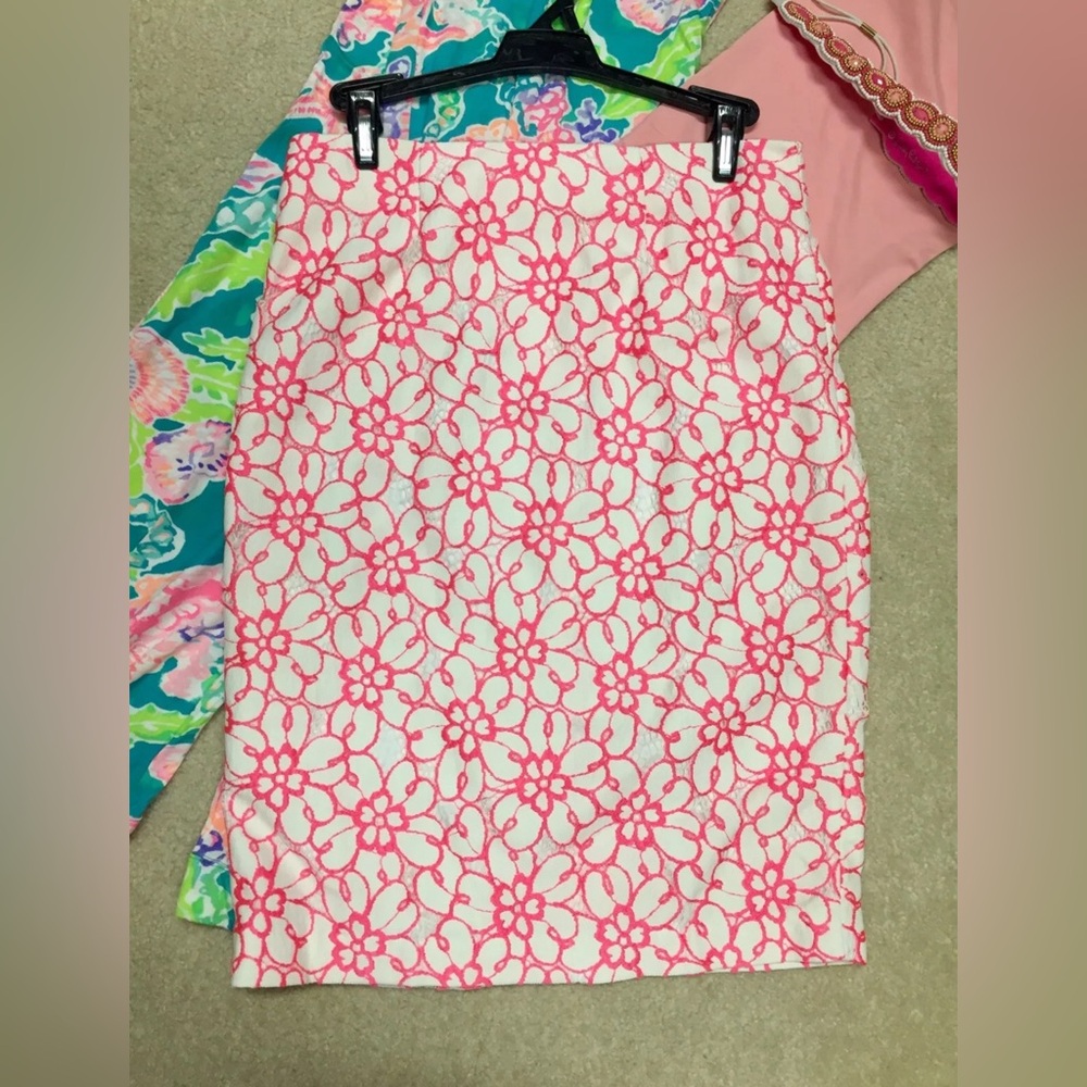 Lilly Pulitzer Hyacinth Skirt Fiesta Pink Lace Pique Midi Pencil XS S - Picture 8 of 8